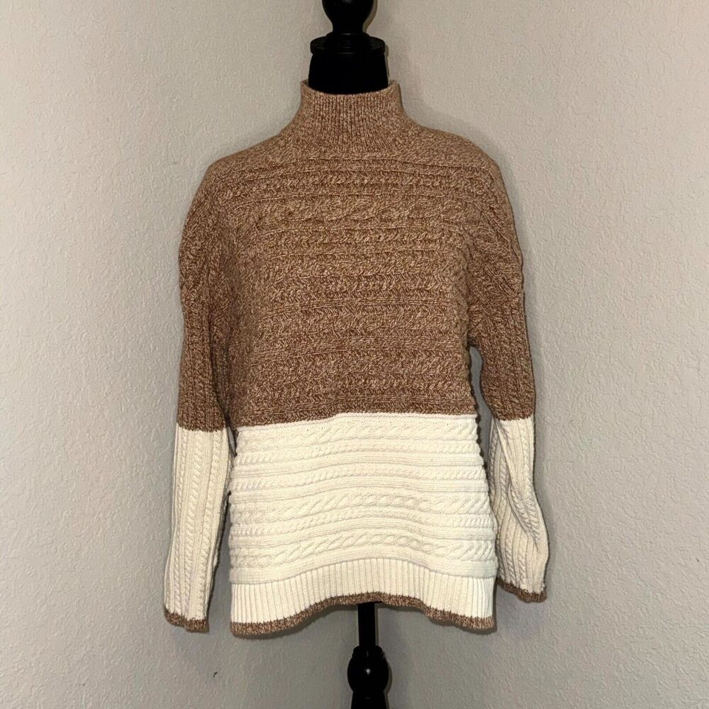 Talbots Cable Knit Sweater Women's XL Brown Cotton Marl Block Mock Neck Pullover